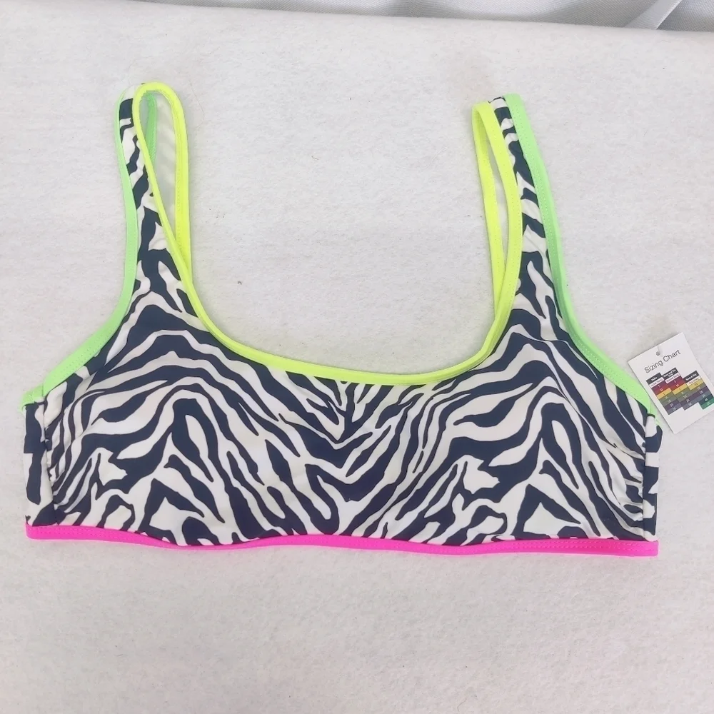 No Boundaries Zebra Print Bikini Top Tank Girls XL  Women's XS Neon Pink Green